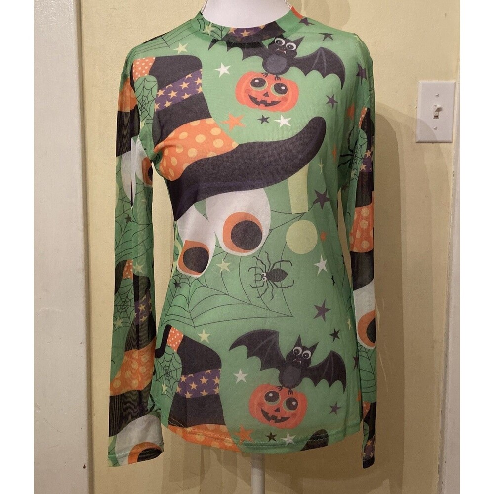 Halloween mesh long sleeve shirt Womens Medium New Pumpkin Bat Witch Spider Web